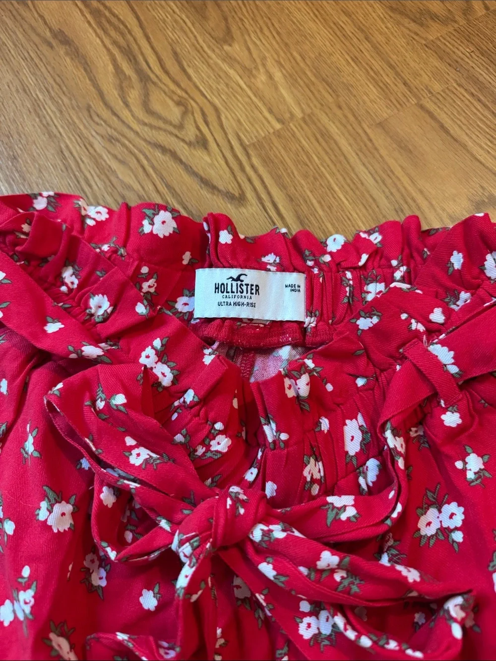 Hollister Red Floral Paperbag Waist Shorts with Front Tie
